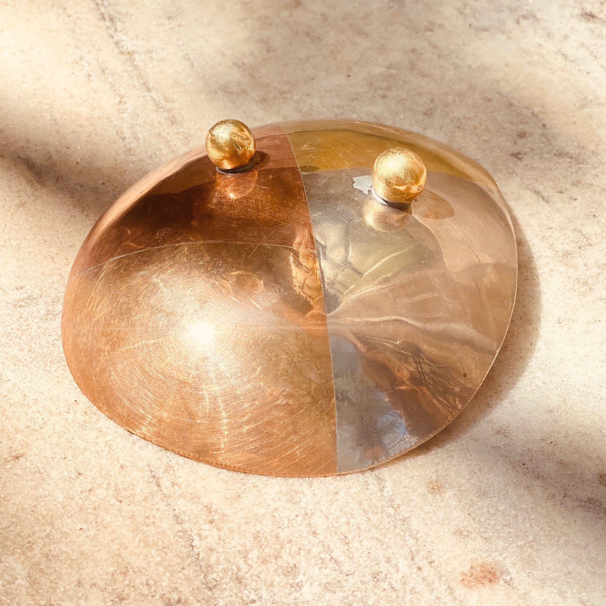 Vintage E. Cabello Mixed Metals Brass Copper Silver Footed Dish, Modernist Catchall, Small Oblong Multi-Color Bowl, C.A Mexico, 5.5" L