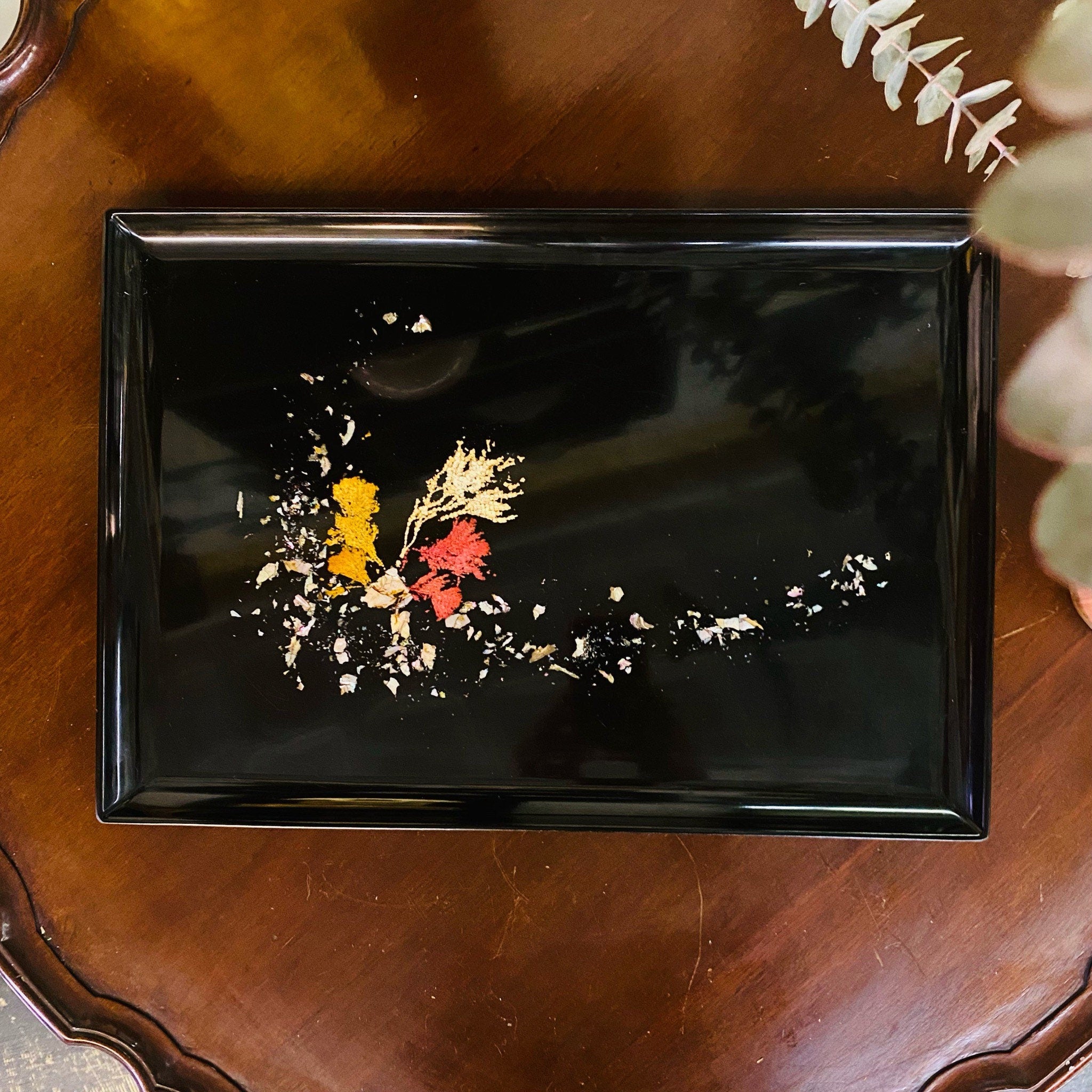Vintage Couroc Abstract Plastic Serving Tray, Abalone, Coral & Seaweed Inlay, Large Black Tray With Iridescent Design, Monterrey California