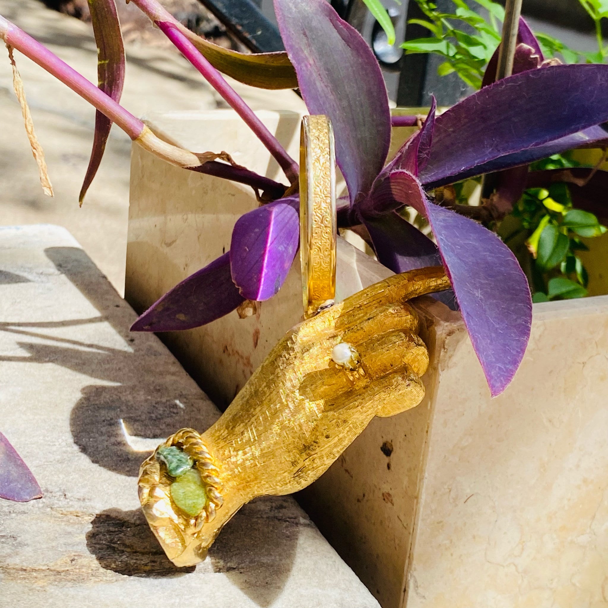 Vintage Marhill USA Textured Gold Tone Magnifying Glass, Ornate Gold Hand With Pearl Ring and Jadeite Bracelet, Unique Tchotchke