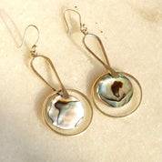 Vintage Modernist Sterling Silver & Abalone Dangle Earrings, Abstract Silver Earrings, Iridescent Shell Inlay, ATI925 Mexico, 2 5/8" Long