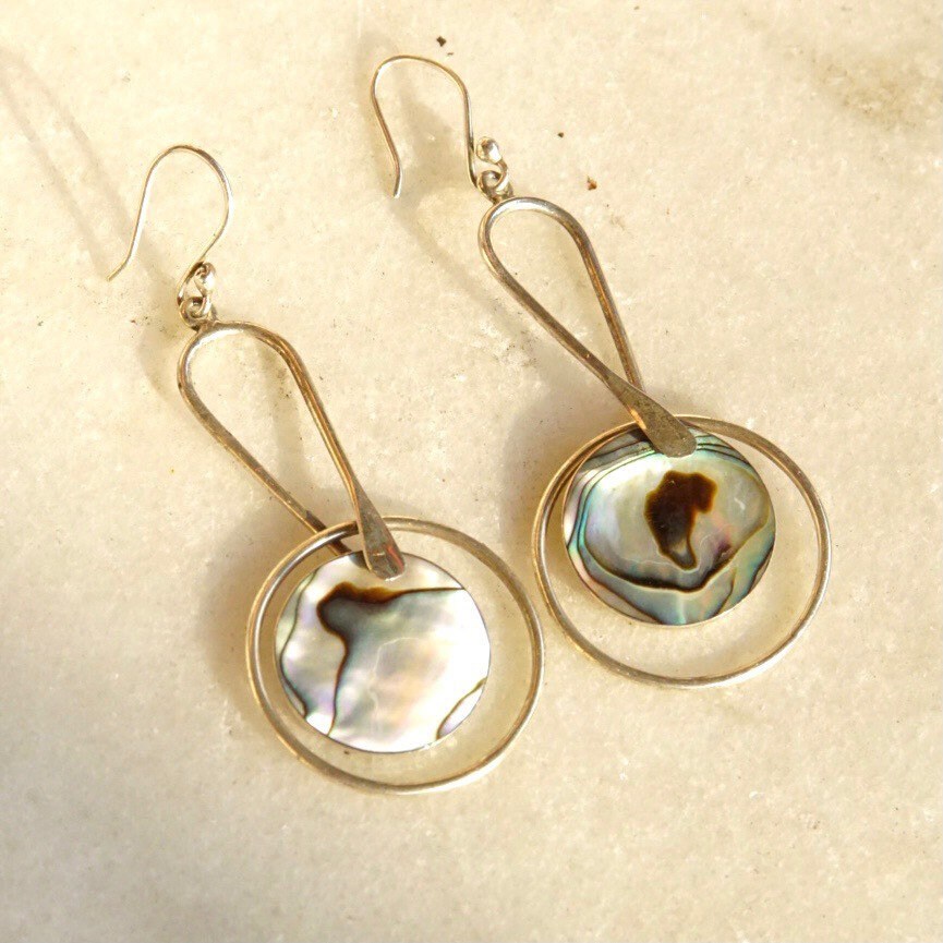 Vintage Modernist Sterling Silver & Abalone Dangle Earrings, Abstract Silver Earrings, Iridescent Shell Inlay, ATI925 Mexico, 2 5/8" Long