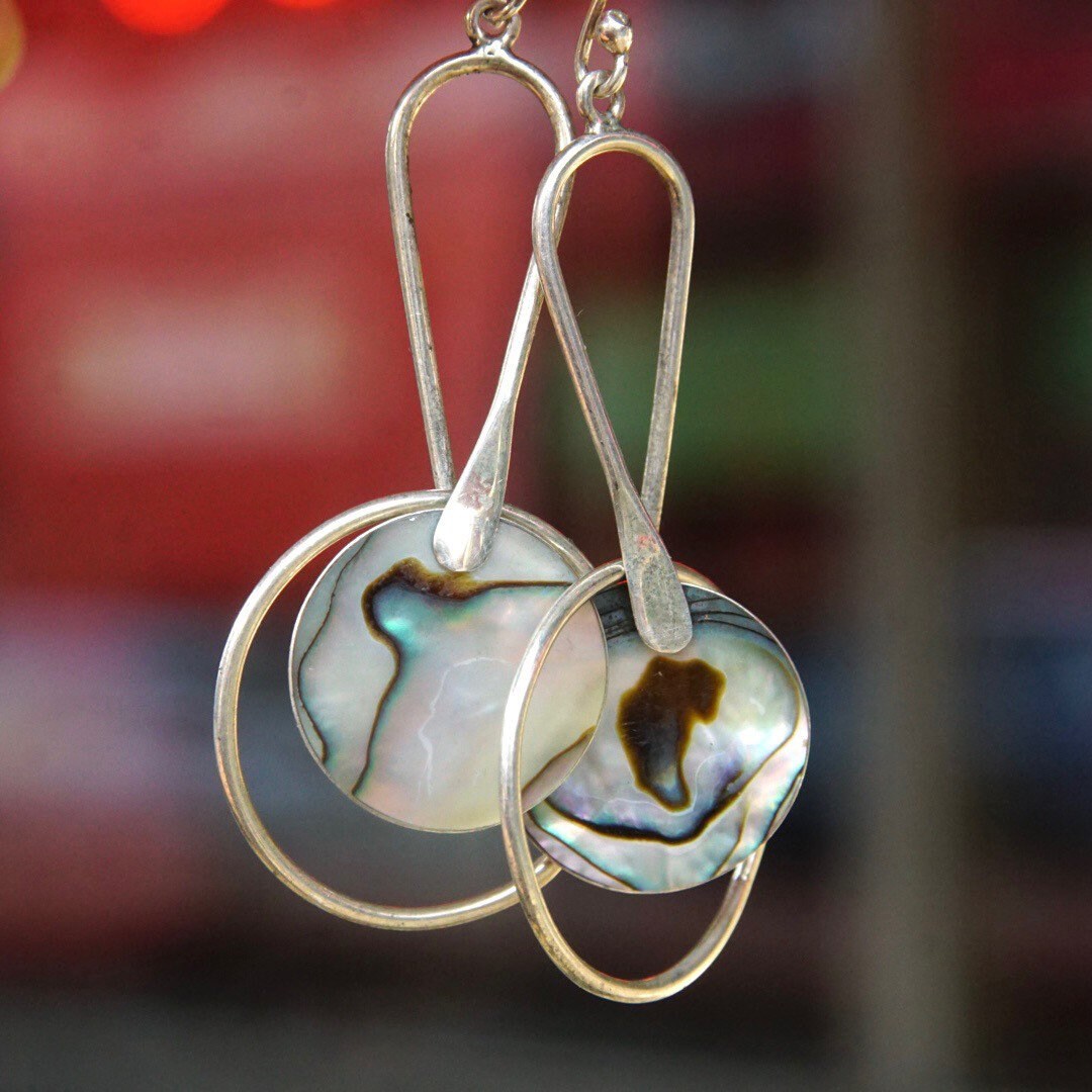 Vintage Modernist Sterling Silver & Abalone Dangle Earrings, Abstract Silver Earrings, Iridescent Shell Inlay, ATI925 Mexico, 2 5/8" Long