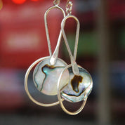Vintage Modernist Sterling Silver & Abalone Dangle Earrings, Abstract Silver Earrings, Iridescent Shell Inlay, ATI925 Mexico, 2 5/8" Long