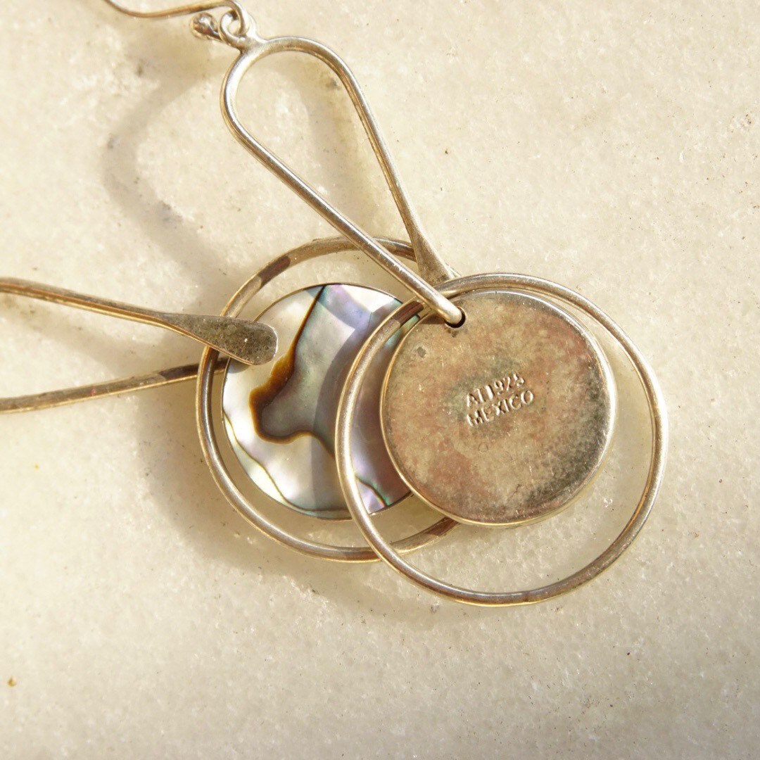 Vintage Modernist Sterling Silver & Abalone Dangle Earrings, Abstract Silver Earrings, Iridescent Shell Inlay, ATI925 Mexico, 2 5/8" Long