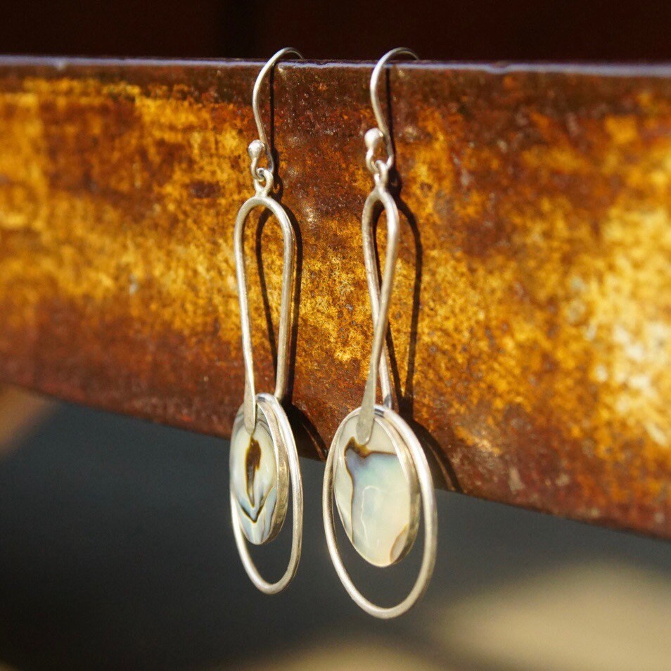 Vintage Modernist Sterling Silver & Abalone Dangle Earrings, Abstract Silver Earrings, Iridescent Shell Inlay, ATI925 Mexico, 2 5/8" Long