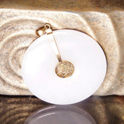 Vintage 14K Gold White Jade Disc Pendant, Chinese Symbol, Large White Nephrite Jade Stone, Gold Necklace Bail, 585 Jewelry