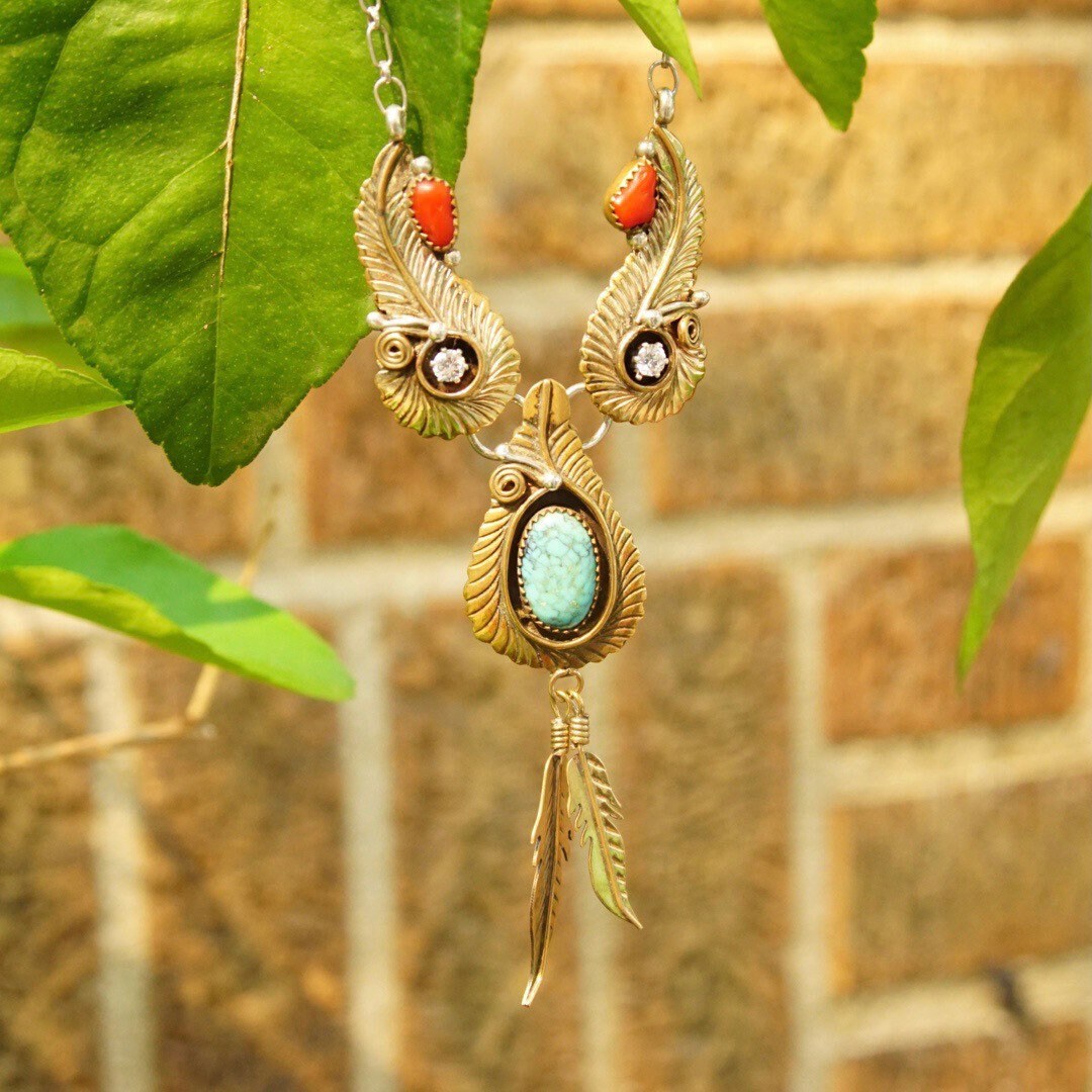 Vintage Native American Two-Tone Turquoise Coral and CZ Diamond Pendant Necklace, Faux Turquoise, Gold & Silver, Feather Tassels, Adjustable