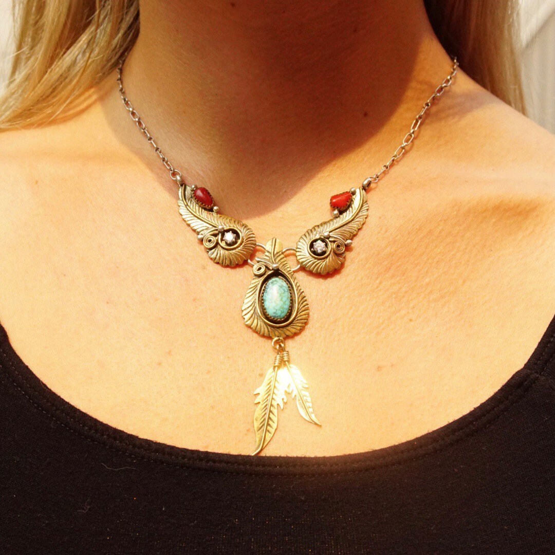 Vintage Native American Two-Tone Turquoise Coral and CZ Diamond Pendant Necklace, Faux Turquoise, Gold & Silver, Feather Tassels, Adjustable