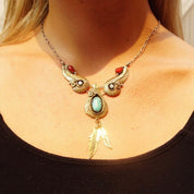 Vintage Native American Two-Tone Turquoise Coral and CZ Diamond Pendant Necklace, Faux Turquoise, Gold & Silver, Feather Tassels, Adjustable