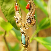 Vintage Native American Two-Tone Turquoise Coral and CZ Diamond Pendant Necklace, Faux Turquoise, Gold & Silver, Feather Tassels, Adjustable
