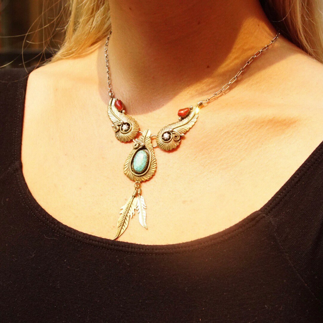 Vintage Native American Two-Tone Turquoise Coral and CZ Diamond Pendant Necklace, Faux Turquoise, Gold & Silver, Feather Tassels, Adjustable