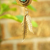 Vintage Native American Two-Tone Turquoise Coral and CZ Diamond Pendant Necklace, Faux Turquoise, Gold & Silver, Feather Tassels, Adjustable