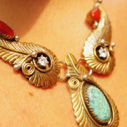 Vintage Native American Two-Tone Turquoise Coral and CZ Diamond Pendant Necklace, Faux Turquoise, Gold & Silver, Feather Tassels, Adjustable