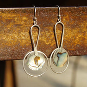 Vintage Modernist Sterling Silver & Abalone Dangle Earrings, Abstract Silver Earrings, Iridescent Shell Inlay, ATI925 Mexico, 2 5/8" Long
