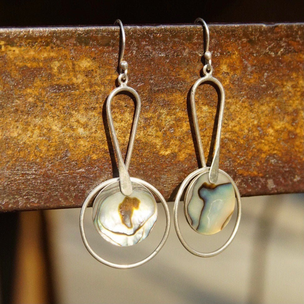 Vintage Modernist Sterling Silver & Abalone Dangle Earrings, Abstract Silver Earrings, Iridescent Shell Inlay, ATI925 Mexico, 2 5/8" Long