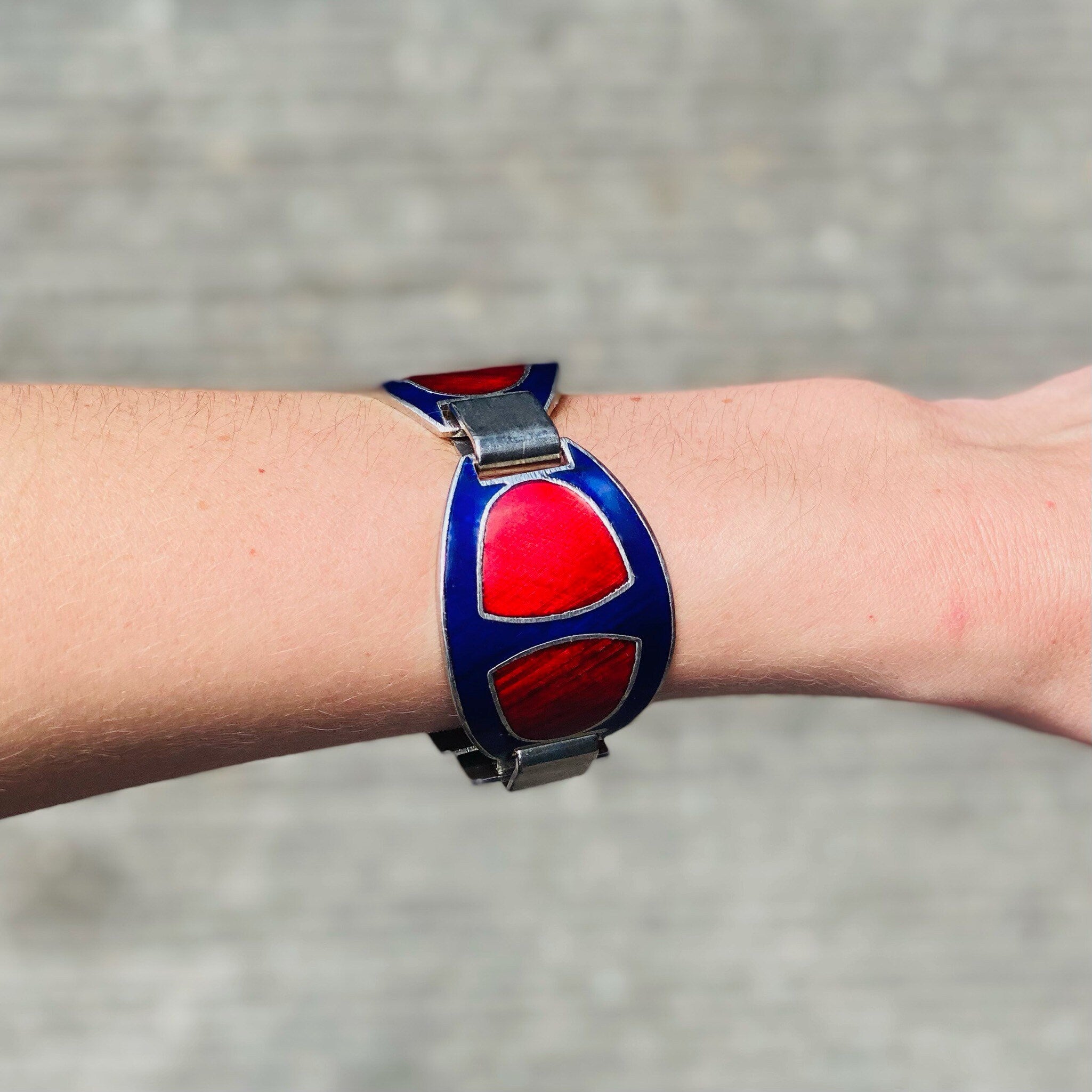 Replication Red & Blue Enamel Link Bracelet, Modernist Jewelry, Adjustable