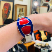 Vintage Italian Enamel Silver Buckle Bracelet, 1960's Gucci Style/Replication Red & Blue Enamel Link Bracelet, Modernist Jewelry, Adjustable