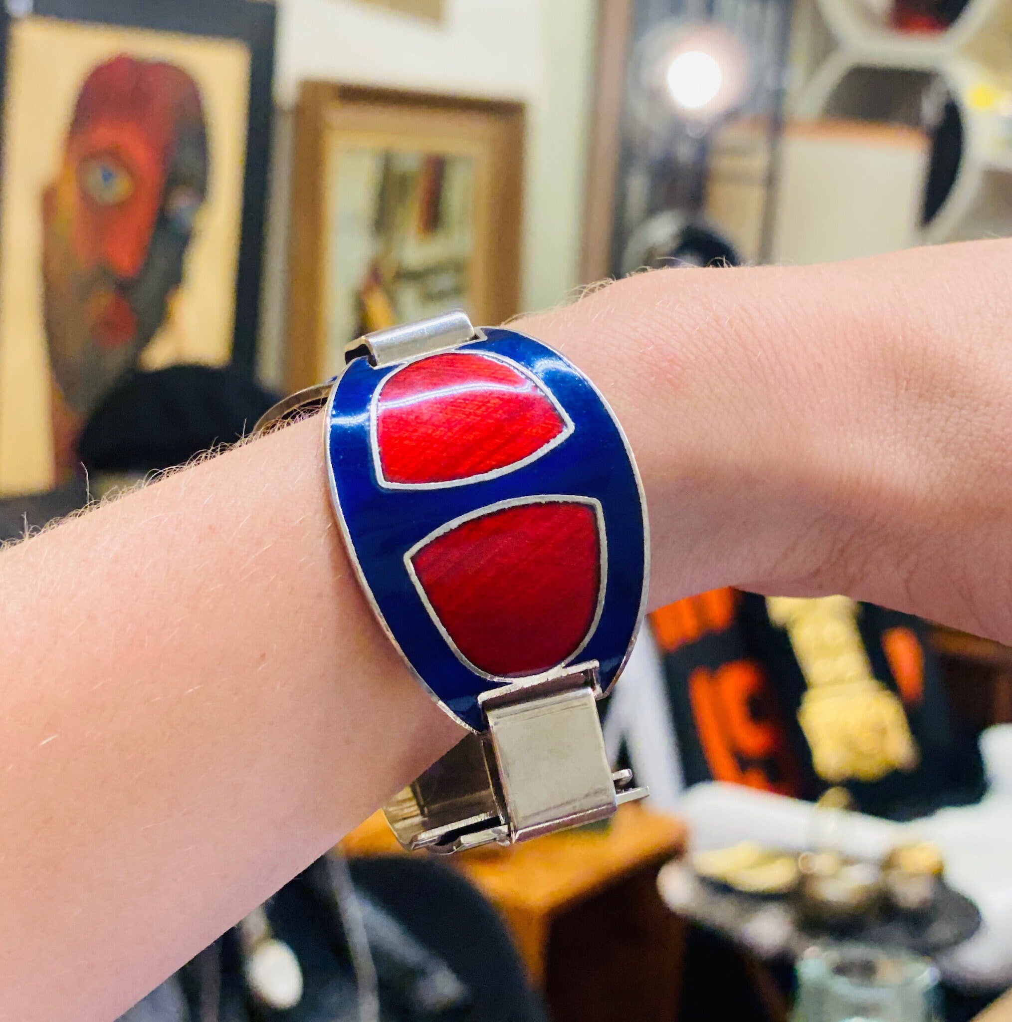 Vintage Italian Enamel Silver Buckle Bracelet, 1960's Gucci Style/Replication Red & Blue Enamel Link Bracelet, Modernist Jewelry, Adjustable