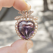 Victorian 14K Gold Pearl Seed Amethyst Heart Pendant/Brooch, Large Heart-Shaped Amethyst Stone, Gold Ribbon Bow, Antique Edwardian