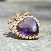 Victorian 14K Gold Pearl Seed Amethyst Heart Pendant/Brooch, Large Heart-Shaped Amethyst Stone, Gold Ribbon Bow, Antique Edwardian