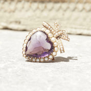 Victorian 14K Gold Pearl Seed Amethyst Heart Pendant/Brooch, Large Heart-Shaped Amethyst Stone, Gold Ribbon Bow, Antique Edwardian
