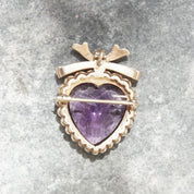 Victorian 14K Gold Pearl Seed Amethyst Heart Pendant/Brooch, Large Heart-Shaped Amethyst Stone, Gold Ribbon Bow, Antique Edwardian
