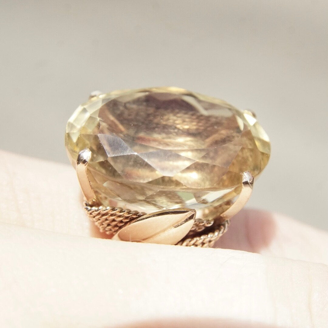 Vintage 14K Gold Citrine Cocktail Ring, Large Prong-Set Yellow Citrine Stone, Oval Cut, Woven Yellow Gold Band With Leaf Design, 6 1/4 US