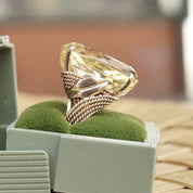 Vintage 14K Gold Citrine Cocktail Ring, Large Prong-Set Yellow Citrine Stone, Oval Cut, Woven Yellow Gold Band With Leaf Design, 6 1/4 US