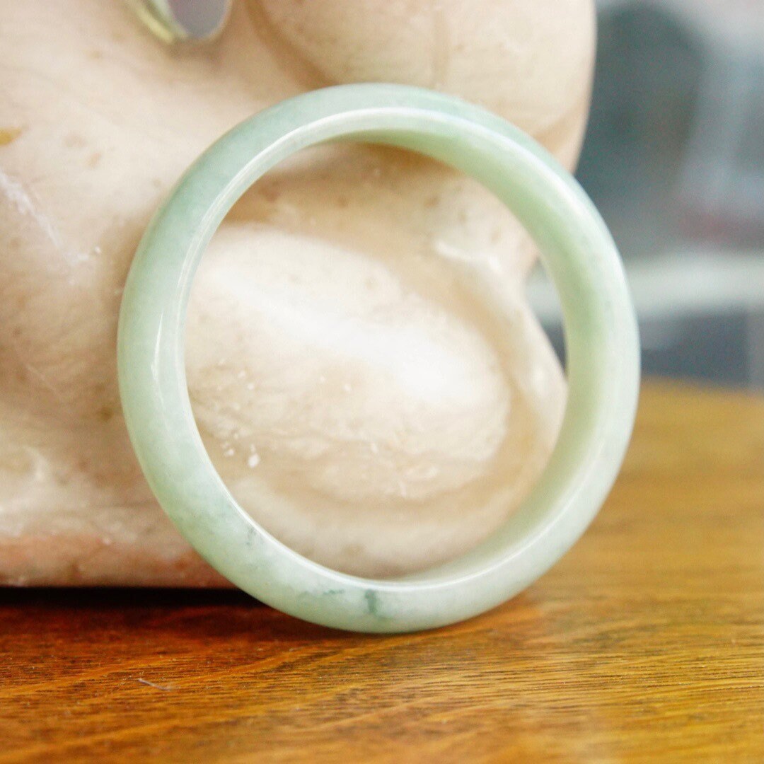 Vintage Mid Century Jade Bangle, 54g, Solid Jade Bangle Bracelet, Light Green Marbled Jade, 7" Long