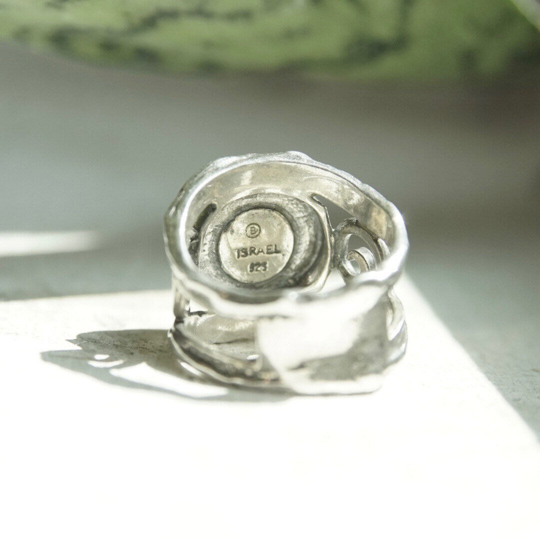 Vintage Sterling Silver Faceted Sodalite Ring, Hammered Silver Cut Out Ring With Swirl Design, Signed Israel 925, Size 7 1/4 US
