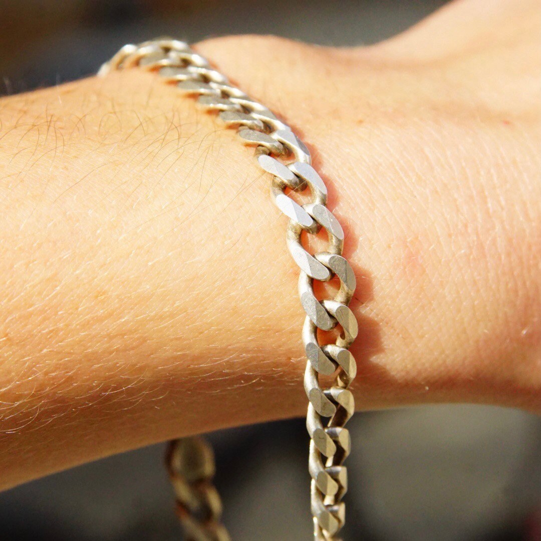Vintage Italian Sterling Silver Curb Chain Bracelet, 7mm Flat Cuban Link Chain, Solid Silver Chain Link Bracelet, 925 Italy, 9" Long
