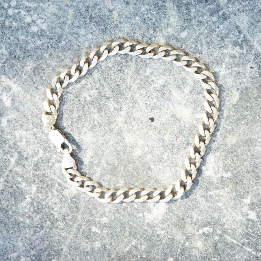 Vintage Italian Sterling Silver Curb Chain Bracelet, 7mm Flat Cuban Link Chain, Solid Silver Chain Link Bracelet, 925 Italy, 9" Long
