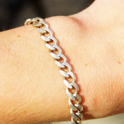 Vintage Italian Sterling Silver Curb Chain Bracelet, 7mm Flat Cuban Link Chain, Solid Silver Chain Link Bracelet, 925 Italy, 9" Long