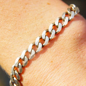 Vintage Italian Sterling Silver Curb Chain Bracelet, 7mm Flat Cuban Link Chain, Solid Silver Chain Link Bracelet, 925 Italy, 9" Long