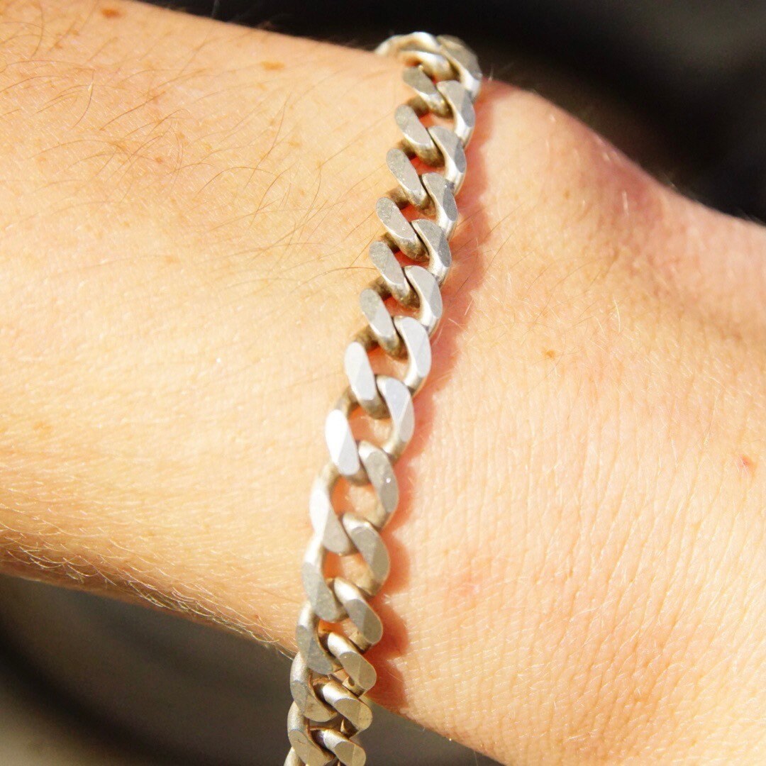 Vintage Italian Sterling Silver Curb Chain Bracelet, 7mm Flat Cuban Link Chain, Solid Silver Chain Link Bracelet, 925 Italy, 9" Long