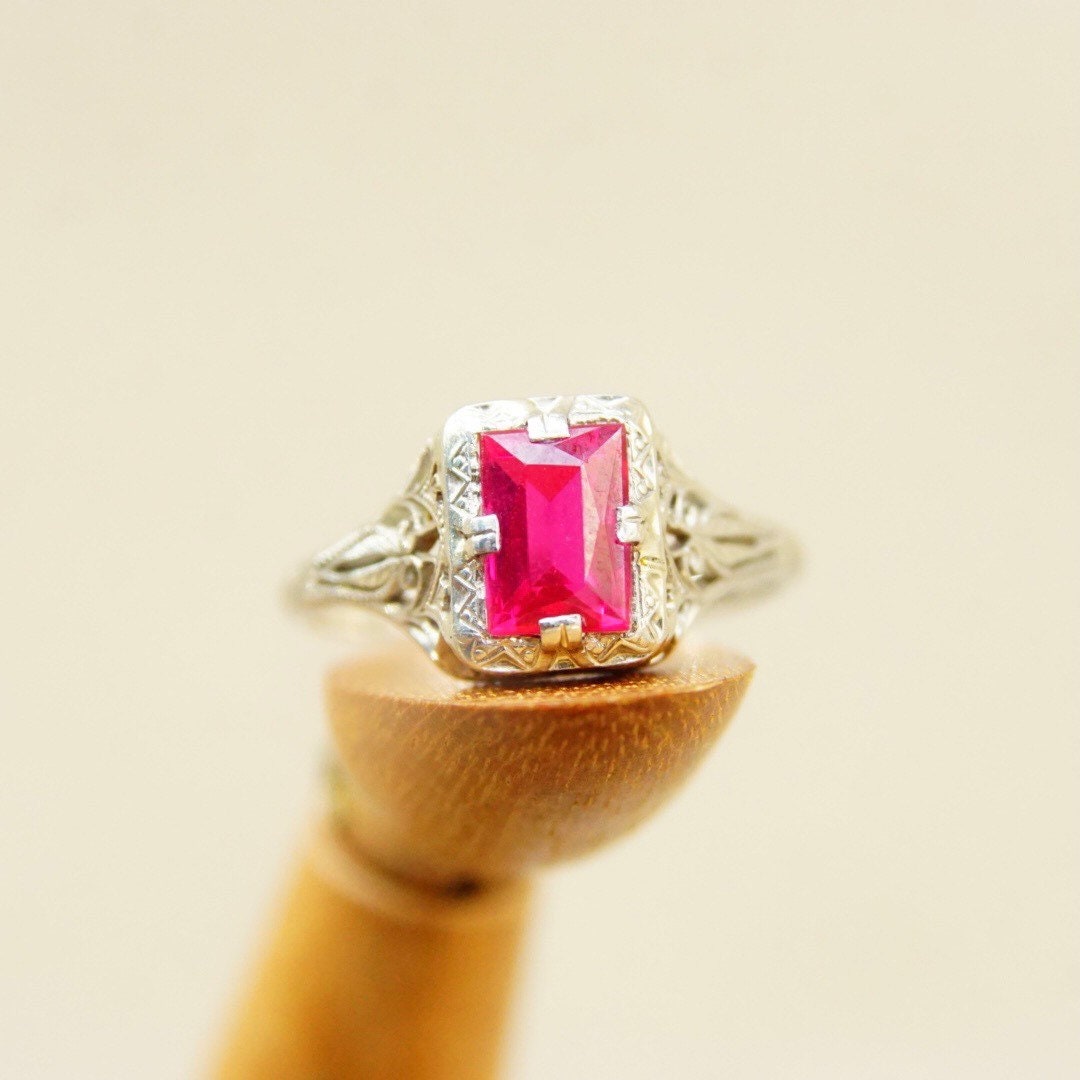 Vintage Art Deco 14K White Gold Filigree Ruby Ring, Pink Ruby, Emerald Cut Gemstone, Ornate Gold Ring, Ruby Engagement Ring, Size 7 US