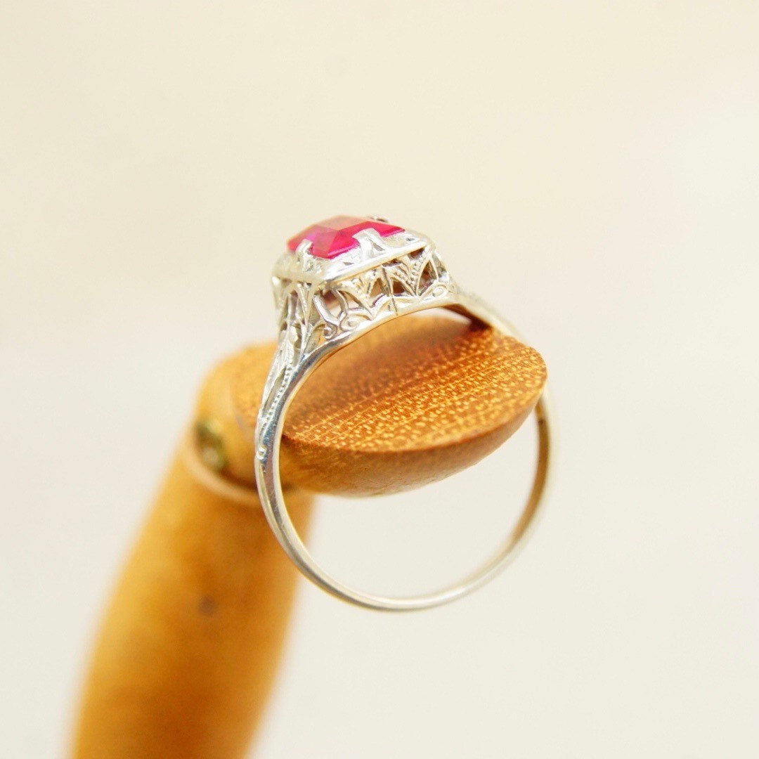 Vintage Art Deco 14K White Gold Filigree Ruby Ring, Pink Ruby, Emerald Cut Gemstone, Ornate Gold Ring, Ruby Engagement Ring, Size 7 US