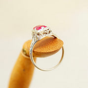 Vintage Art Deco 14K White Gold Filigree Ruby Ring, Pink Ruby, Emerald Cut Gemstone, Ornate Gold Ring, Ruby Engagement Ring, Size 7 US