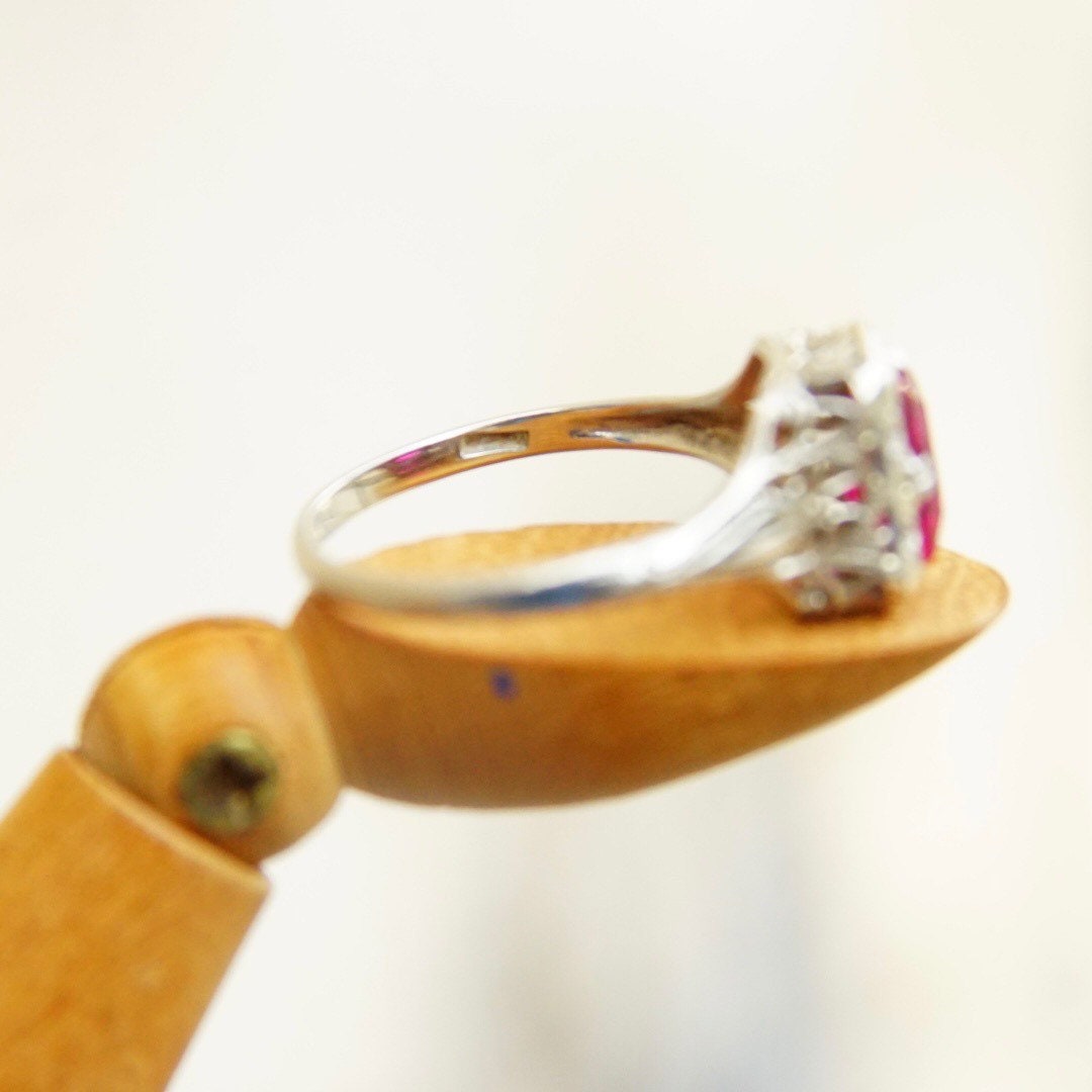 Vintage Art Deco 14K White Gold Filigree Ruby Ring, Pink Ruby, Emerald Cut Gemstone, Ornate Gold Ring, Ruby Engagement Ring, Size 7 US