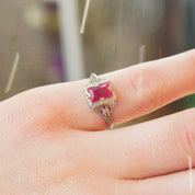 Vintage Art Deco 14K White Gold Filigree Ruby Ring, Pink Ruby, Emerald Cut Gemstone, Ornate Gold Ring, Ruby Engagement Ring, Size 7 US