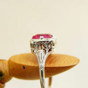 Vintage Art Deco 14K White Gold Filigree Ruby Ring, Pink Ruby, Emerald Cut Gemstone, Ornate Gold Ring, Ruby Engagement Ring, Size 7 US