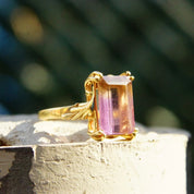 Vintage 14K Gold & Ametrine Gemstone Cocktail Ring, Large Emerald Cut Stone, Ornate Gold Cathedral Setting, Statement Ring, Size 8 1/4 US