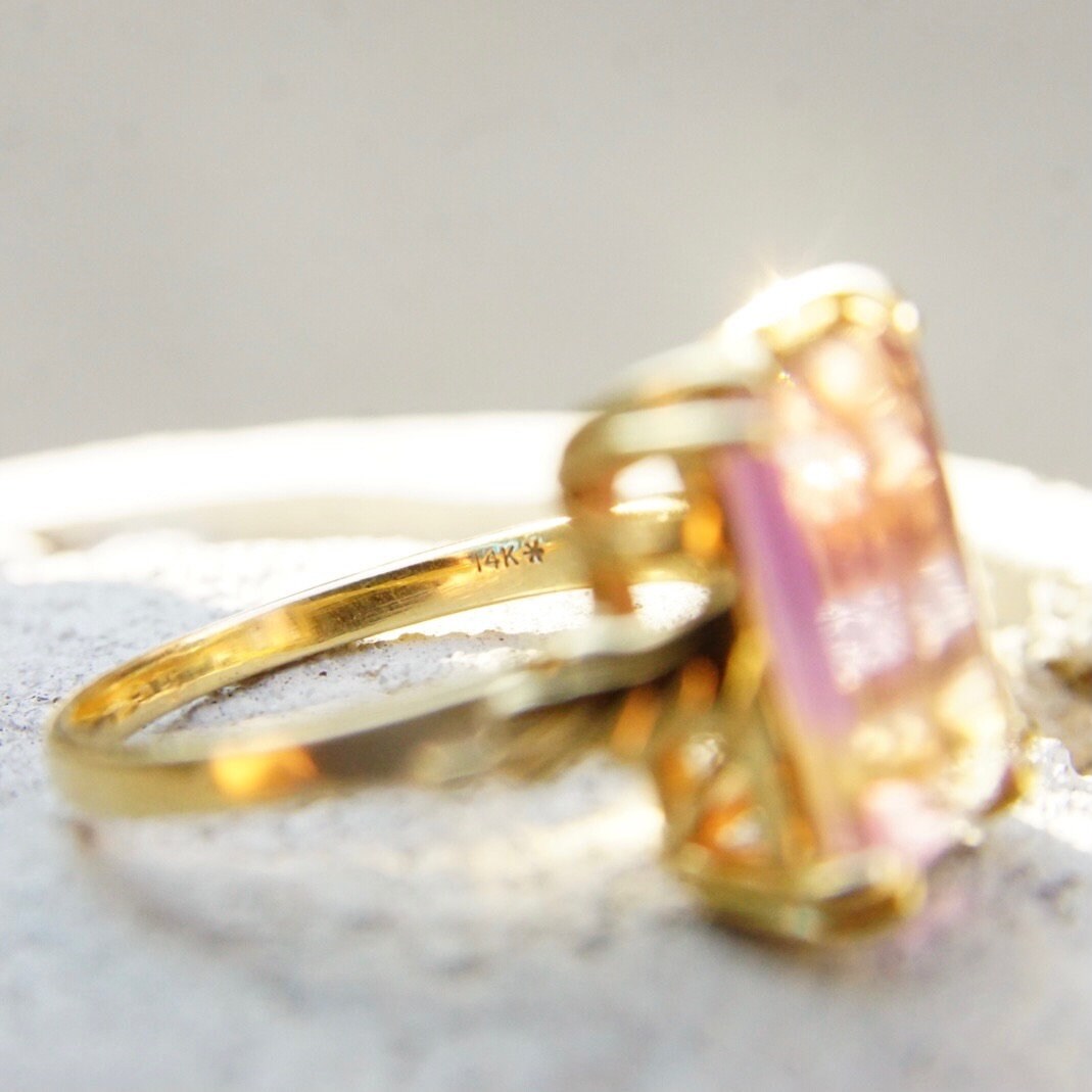 Vintage 14K Gold & Ametrine Gemstone Cocktail Ring, Large Emerald Cut Stone, Ornate Gold Cathedral Setting, Statement Ring, Size 8 1/4 US
