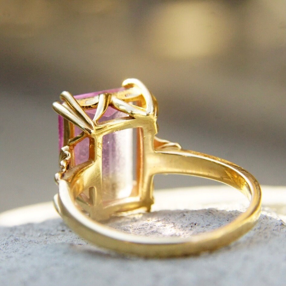 Vintage 14K Gold & Ametrine Gemstone Cocktail Ring, Large Emerald Cut Stone, Ornate Gold Cathedral Setting, Statement Ring, Size 8 1/4 US