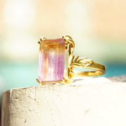 Vintage 14K Gold & Ametrine Gemstone Cocktail Ring, Large Emerald Cut Stone, Ornate Gold Cathedral Setting, Statement Ring, Size 8 1/4 US