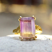 Vintage 14K Gold & Ametrine Gemstone Cocktail Ring, Large Emerald Cut Stone, Ornate Gold Cathedral Setting, Statement Ring, Size 8 1/4 US