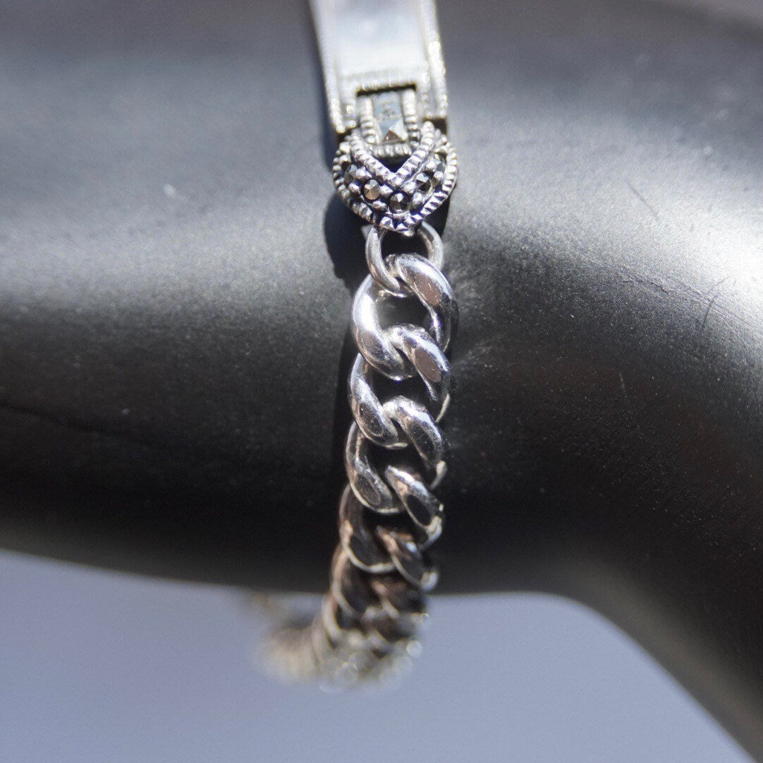 Vintage Sterling Silver Marcasite Engravable Plate Curb Chain Bracelet, 6mm Chain Bracelet, Accent Marcasite, Silver Monogram Plate, 7" L