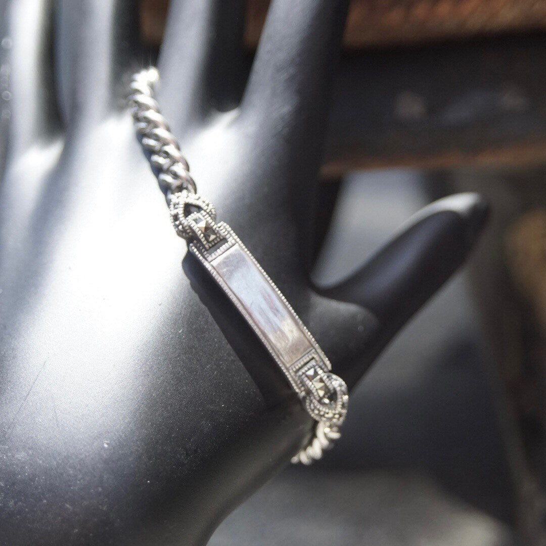 Vintage Sterling Silver Marcasite Engravable Plate Curb Chain Bracelet, 6mm Chain Bracelet, Accent Marcasite, Silver Monogram Plate, 7" L
