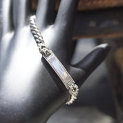 Vintage Sterling Silver Marcasite Engravable Plate Curb Chain Bracelet, 6mm Chain Bracelet, Accent Marcasite, Silver Monogram Plate, 7" L