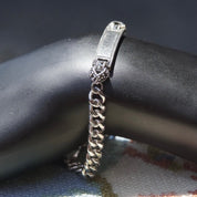 Vintage Sterling Silver Marcasite Engravable Plate Curb Chain Bracelet, 6mm Chain Bracelet, Accent Marcasite, Silver Monogram Plate, 7" L